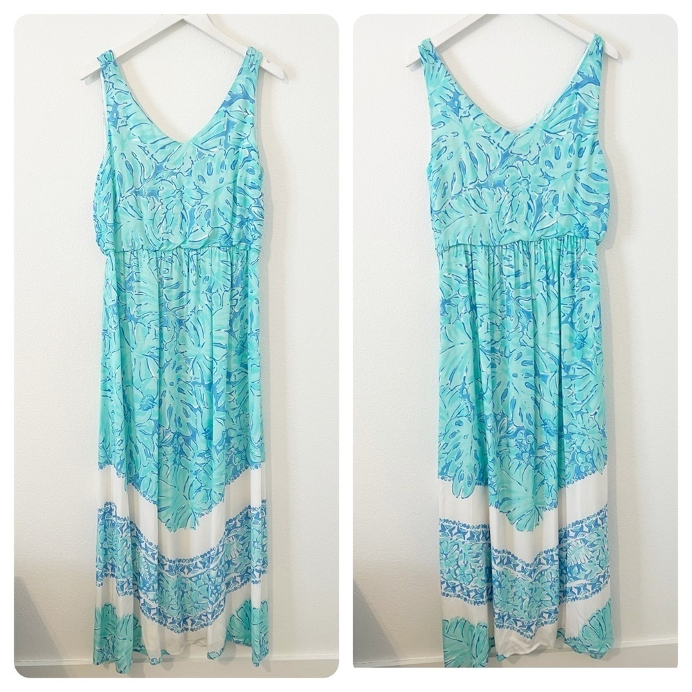 Vineyard Vines Palm Leaf Scarf Print Maxi Dress Silk Blue Size 12